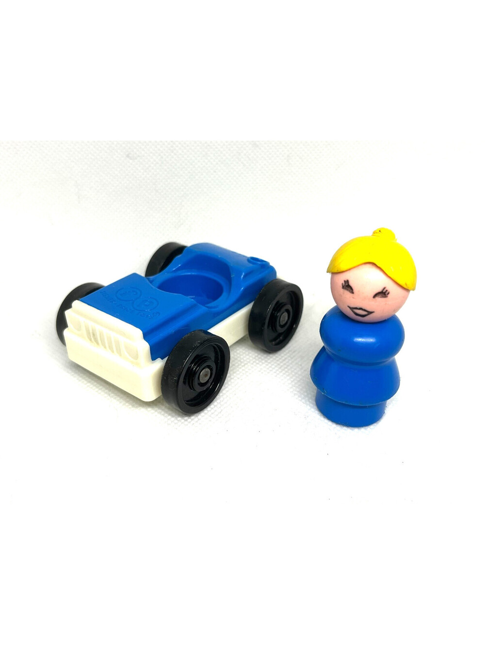 Vintage Fisher Price Little People All Plastic Blue Girl Blonde Hair + Blue Car